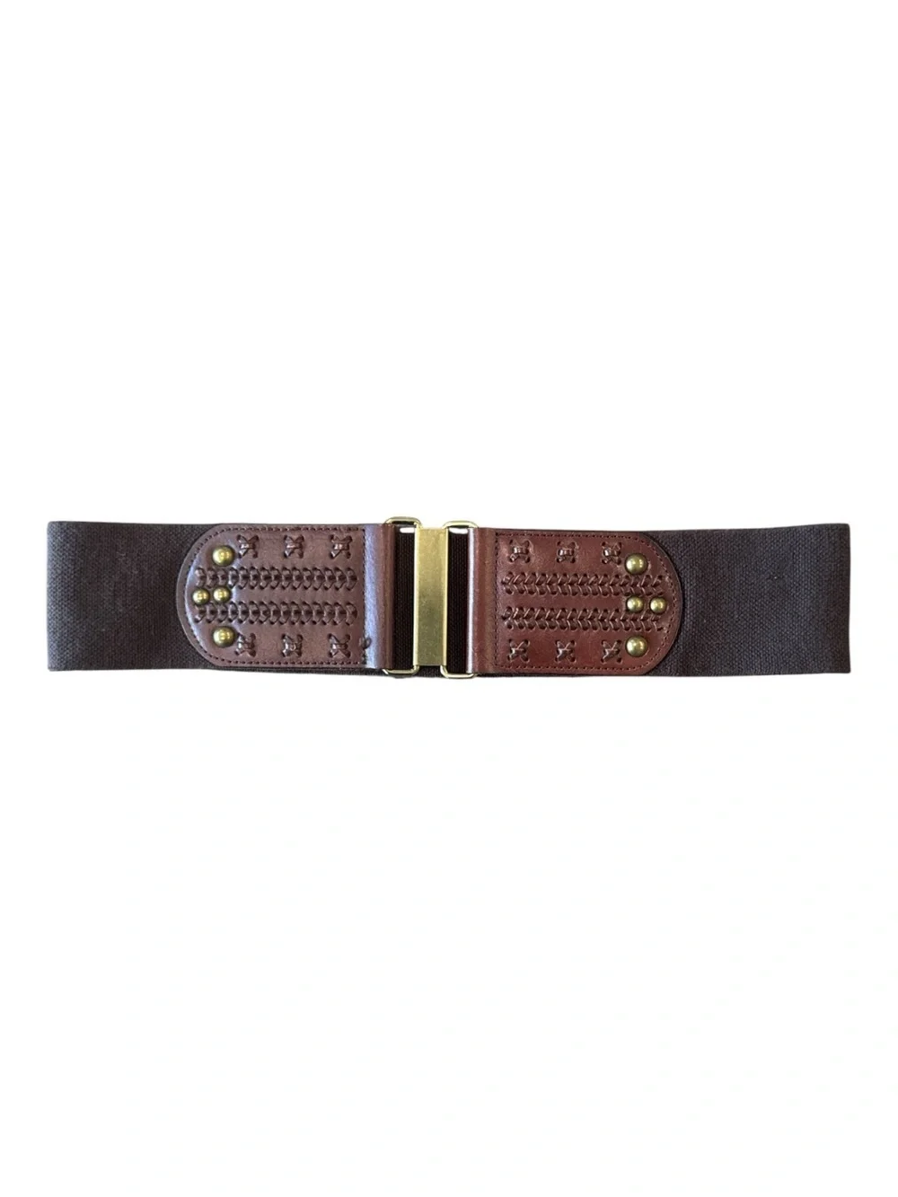 Banana Republic Brown Wide Stretch Belt Leather Whipstitch Brass Studs Size M/L